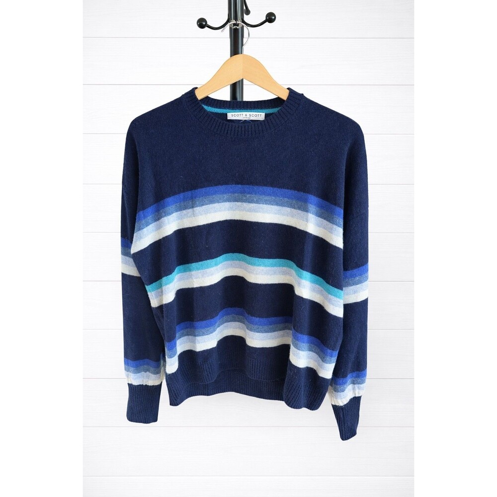 Scott & Scott London Blue Striped Wool Cashmere Crew Neck Sweater M